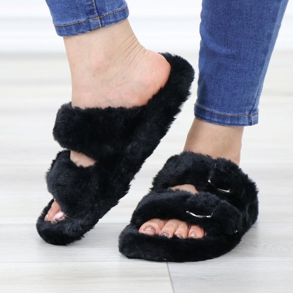 Black Puff Fuzzy Fluffy Slip On Plush Slippers Double Strap - Picture 16 of 16